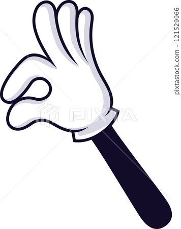 Cartoon hand making an OK sign with thumb and index finger forming a circle while other fingers are raised, expressing approval and agreement in a fun, positive manner 121529966