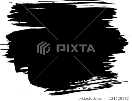 Large black brush stroke creating an abstract, textured shape on a white background, suitable for backgrounds, overlays, and design elements 121529982
