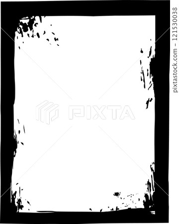 Black grunge border creates a striking frame around a clean white copy space, accented by dynamic paint splatters, offering a versatile design element for various creative projects 121530038