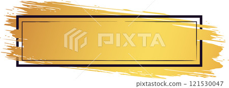 Wide golden brush stroke creating a striking contrast with a black rectangular frame, offering ample copy space for titles, quotes, or messages in a stylish and elegant design 121530047