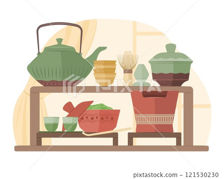 Set of Traditional Japanese Tea Ceremony Utensils for Asian Healthy Drinks Concept Illustration 121530230