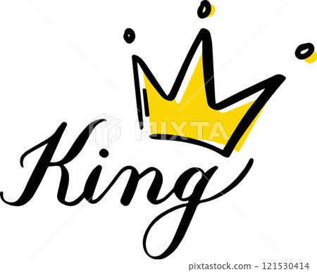 Hand drawn illustration featuring a stylized yellow crown above the word King in elegant black script, symbolizing royalty, power, and leadership Hand drawn illustration featuring a stylized yellow crown above the word King in elegant black script, symbolizing royalty, power, and leadership 121530414