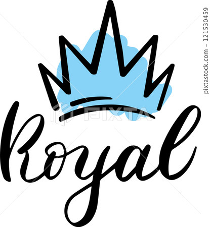 Hand drawn blue crown with elegant black lettering spelling Royal, conveying a sense of luxury, royalty, and high status, ideal for branding, invitations, and celebratory designs Hand drawn blue crown with elegant black lettering spelling Royal, conveying a sense of luxury, royalty, and high status, ideal for branding, invitations, and celebratory designs 121530459