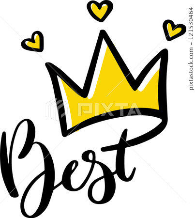 Hand drawn yellow crown with three hearts floating above and the word best written below, symbolizing achievement, recognition, and top performance Hand drawn yellow crown with three hearts floating above and the word best written below, symbolizing achievement, recognition, and top performance 121530464