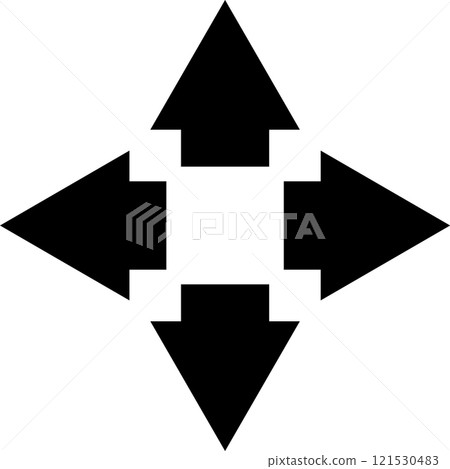 Four black arrows are pointing up, down, left, and right, creating a square shape with a white center, representing different directions and choices 121530483