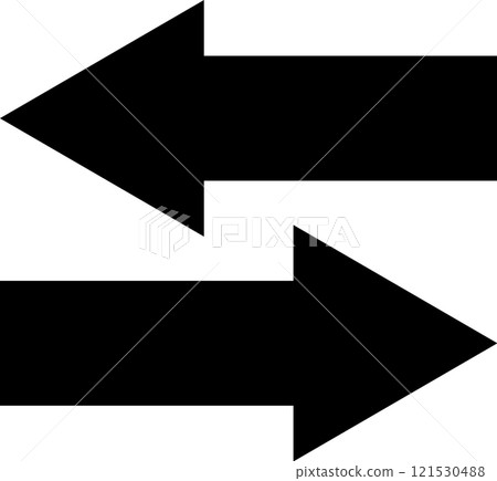 Two large black arrows pointing horizontally in opposite directions representing an exchange, transfer, or trade on a minimalist white background 121530488