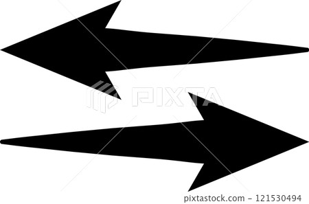 Two elongated black arrows are pointing in opposite directions, creating a dynamic visual suggesting opposing forces, choices, or a two way exchange 121530494