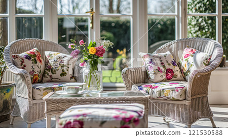 Colorful pillows on sofa against glass wall of window in a winter garden or conservatory. Interior textile concept. High quality photo Colorful pillows on sofa against glass wall of window in a winter garden or conservatory. Interior textile concept. High quality photo 121530588