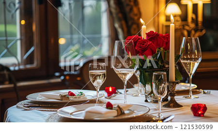 Festive table setting with candles and arrangement of beautiful red flowers. Holiday concept. High quality photo 121530599