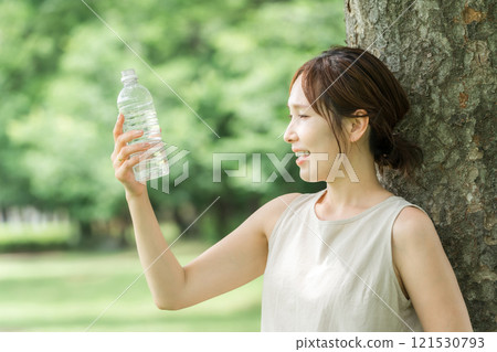 Relaxed woman drinking bottled water, mineral water, and hot water Relaxed woman drinking bottled water, mineral water, and hot water 121530793