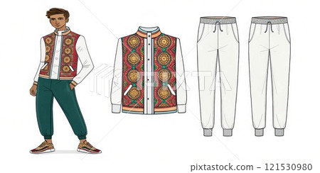 Fashion designer drawing indian inspired sportswear outfit with ornate jacket 121530980