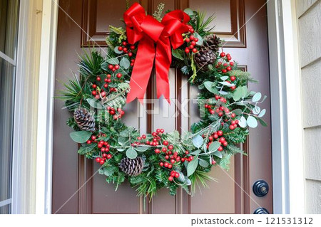 Festive Holiday Wreath with Red Bow, Berries, Pine Cones, and Eucalyptus 121531312