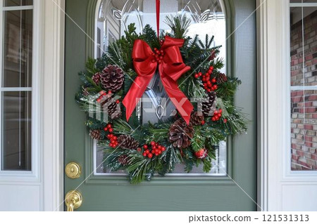 Festive Holiday Wreath with Pine Cones, Red Berries, and Ribbon 121531313