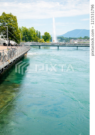 A view of the fountain on Lake Geneva in Switzerland 121531796