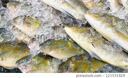 Fresh and colorful fish lined up at a market in Okinawa 121531929
