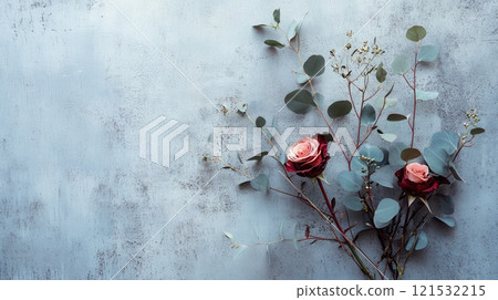 A carefully arranged bouquet of fresh roses and eucalyptus leaves sits atop a minimalist concrete background, showcasing modern elegance. Generative AI A carefully arranged bouquet of fresh roses and eucalyptus leaves sits atop a minimalist concrete background, showcasing modern elegance. Generative AI 121532215