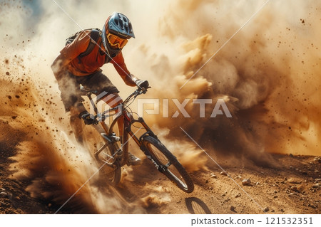 A professional cyclist races down a dusty trail, kicking up a cloud of dirt as they navigate a challenging section. Generative AI 121532351