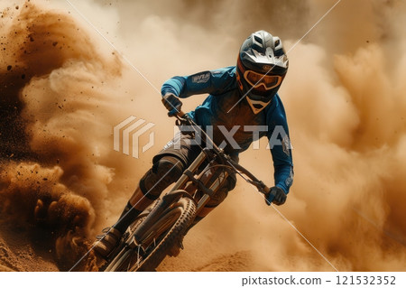 A professional cyclist, wearing a full-face helmet and goggles, speeds down a dusty trail on an enduro trail bike. Generative AI 121532352