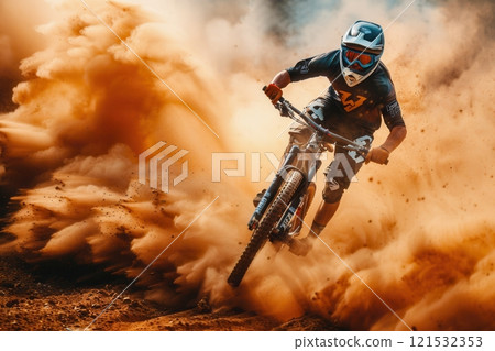 A professional cyclist navigates a dusty enduro trail on a mountain bike, kicking up a cloud of dirt. Generative AI A professional cyclist navigates a dusty enduro trail on a mountain bike, kicking up a cloud of dirt. Generative AI 121532353