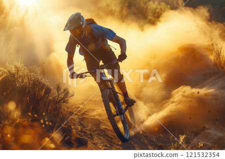 A professional cyclist races down a dusty trail on their enduro trail bike, kicking up a cloud of dirt as the sun sets in the background. Generative AI A professional cyclist races down a dusty trail on their enduro trail bike, kicking up a cloud of dirt as the sun sets in the background. Generative AI 121532354