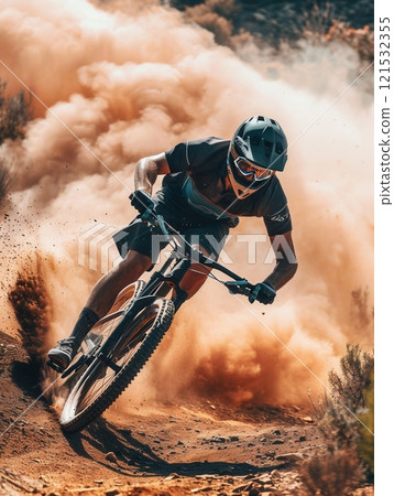 A professional cyclist rides an enduro trail bike through a dusty trail, kicking up a cloud of dirt as they navigate the terrain. Generative AI 121532355