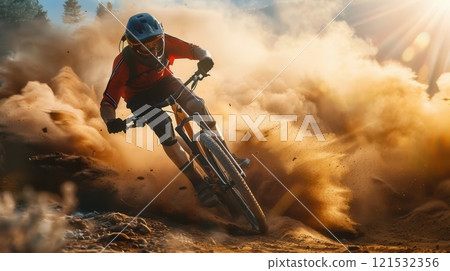 A professional cyclist navigates a dusty trail on an enduro bike, kicking up a large cloud of dirt. Generative AI 121532356