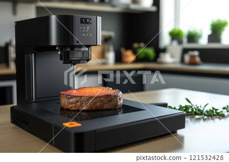In a contemporary kitchen, a 3D food printer designs a plant-based steak, showcasing innovative culinary technology in action. Generative AI 121532428
