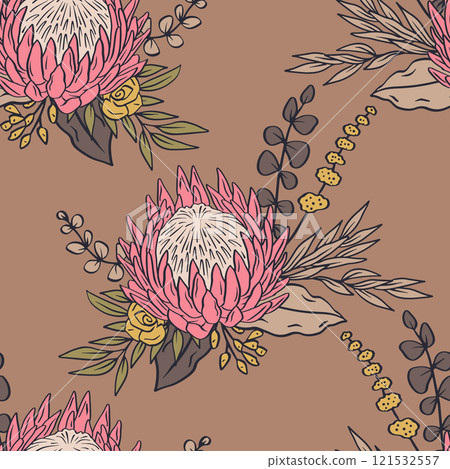Seamless pattern with hand drawn protea flowers on brown background 121532557