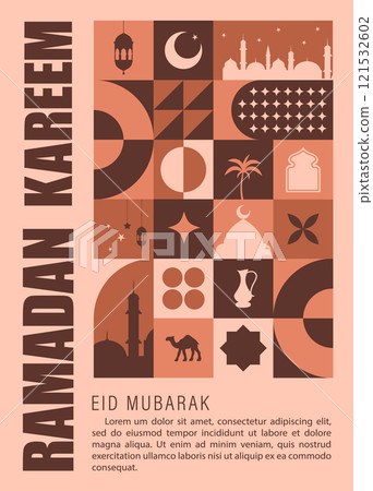 Ramadan Kareem. Eid Mubarak. Minimal vintage 20s geometric design poster with beige traditional shapes elements. Neo geometrical pattern. Vector illustration in bauhaus minimalist style. Ramadan month 121532602