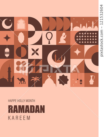 Ramadan Kareem greeting card. Bauhaus background with mosque, moon, stars, arches window. Trendy minimalist postcard. Vector illustration in neo geometric style. Traditional Islamic holiday Ramadan Kareem greeting card. Bauhaus background with mosque, moon, stars, arches window. Trendy minimalist postcard. Vector illustration in neo geometric style. Traditional Islamic holiday 121532604