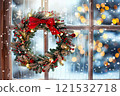 Winter Holiday Wreath with Snow and Lights 121532718