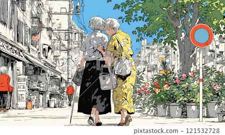 Two old women on a short trip together 121532728