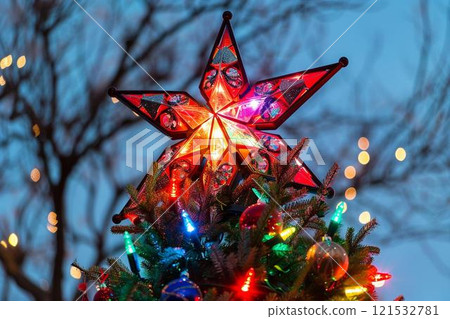 Red Star, Christmas Tree, and Colorful Lights at Dusk 121532781