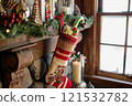 Christmas Fireplace Mantel with Stocking and Candy 121532782