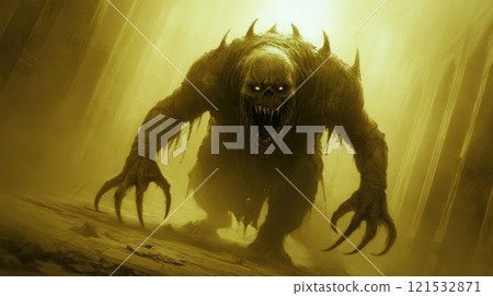 grotesque demon with elongated limbs and sharp claws 121532871