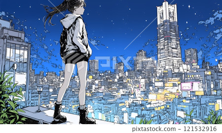 Young woman looking at the city landscape 121532916