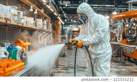 Worker in Protective Gear Disinfecting Retail Space 121533211