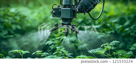 Agricultural Spraying Machine in Lush Green Field Agricultural Spraying Machine in Lush Green Field 121533224