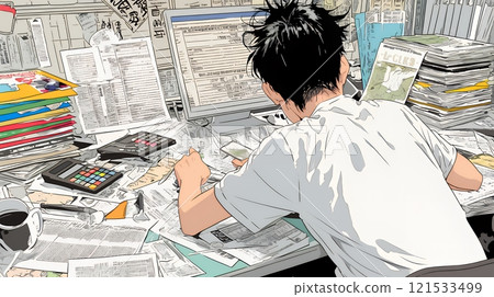 A sole proprietor who is engrossed in preparing tax return documents A sole proprietor who is engrossed in preparing tax return documents 121533499