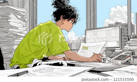 A sole proprietor who is engrossed in preparing tax return documents 121533500