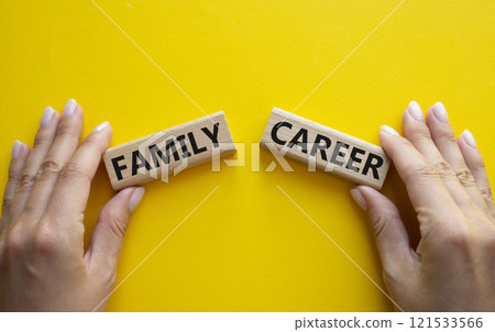 Family or Career symbol. Concept word Family or Career on wooden blocks. Businessman hand. Beautiful yellow background. Business and Family or Career concept. Copy space 121533566