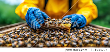 Beekeeper Inspecting Honeycomb in Apiary 121533724