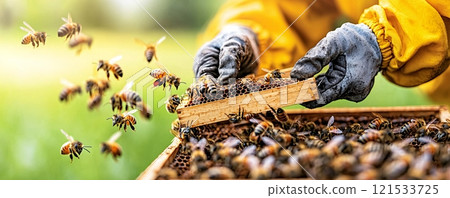 Beekeeper Harvesting Honey from Beehive Frames 121533725