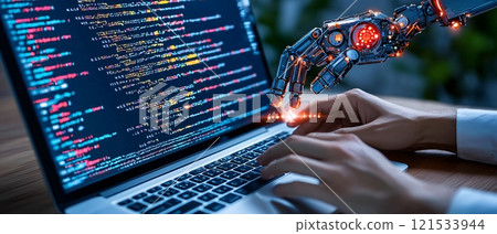 AI Robot Hand Interacting with Computer Code 121533944