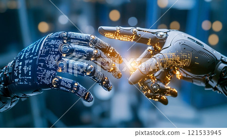 Robot Hands Touching with Digital Sparks 121533945