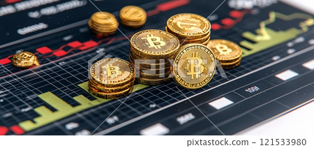 Bitcoin Coins Stacked on Financial Graph Background Bitcoin Coins Stacked on Financial Graph Background 121533980