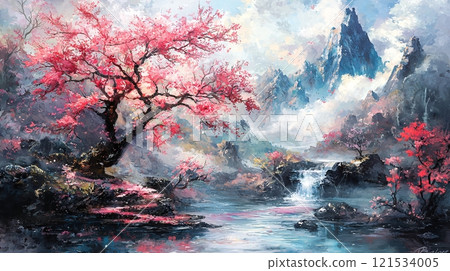 Serene Landscape with Cherry Blossoms and Mountains 121534005