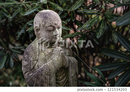 Stone buddha statue standing surrounded by green plants 121534203