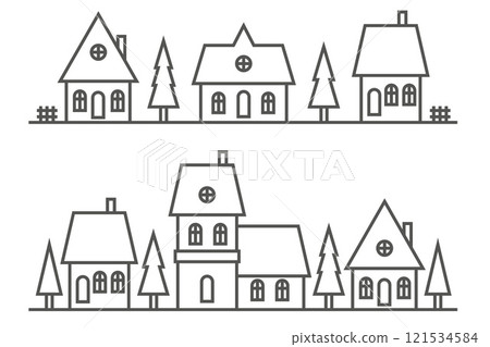 Winter village silhouette. Outline illustration of neighborhood skyline on white background. Row of cute buildings and fur trees. Vector horizontal country scene 121534584