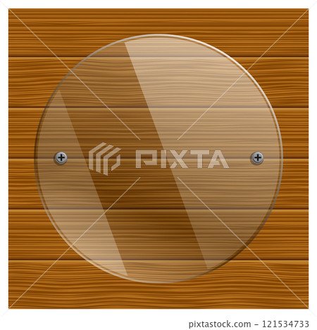 Layered editable vector illustration of transparent glass photo frame on wooden board background. 121534733